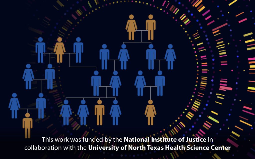 Graphic of a stylized family tree inside a circular rendering of genomic information.