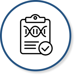 Icon of a clipboard c0ontaining a strand of DNA and a checkmark in a circle