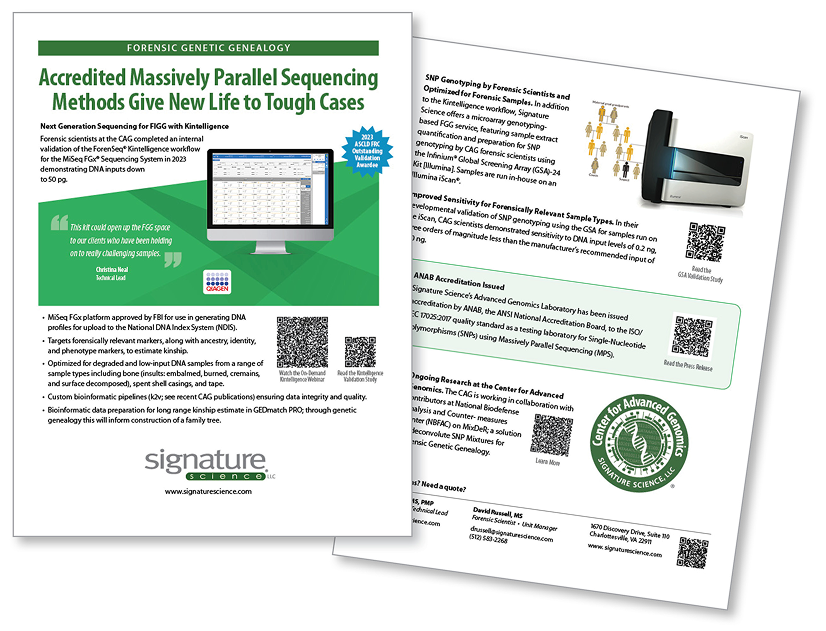Images of the front and back of the Forensic Genetic Genealogy (FGG) Brochure