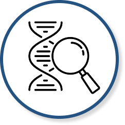Icon with a magnifying glass and a strand of DNA
