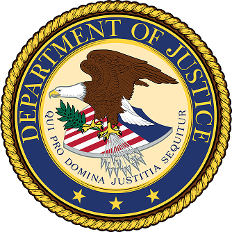 Medallion of the Department of Justice featuring an eagle on a red, white, and blue shield with arrows and olive branches in its talons. Text reads: "Qui Pro Domina Justitia Sequitur."
