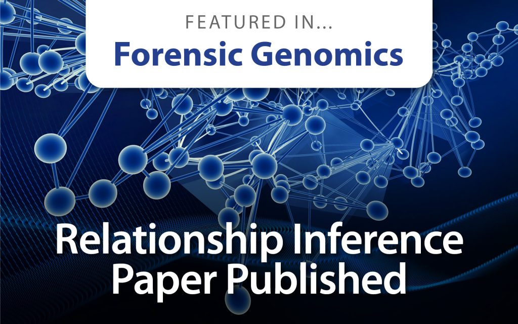 Abstract graphic of interconnected nodes. Text reads: "Featured in ... Forensic Genomics," and "Relationship Infrence Paper Published."
