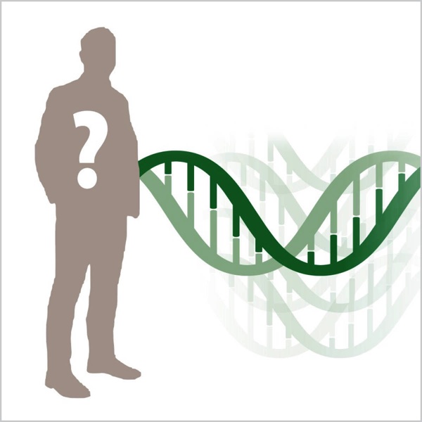 Silhouetted image of a standing man with a superimposed question mark. Multiple strands of DNA in the background.
