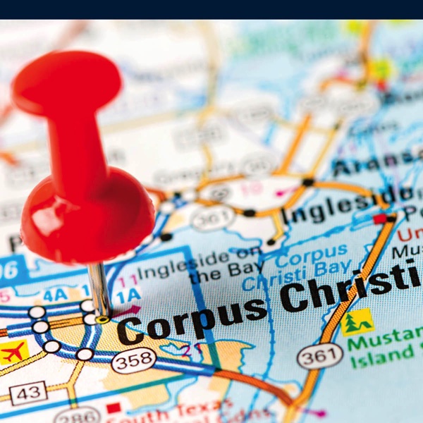 Photo of a map with a pushpin in Corpus Christi
