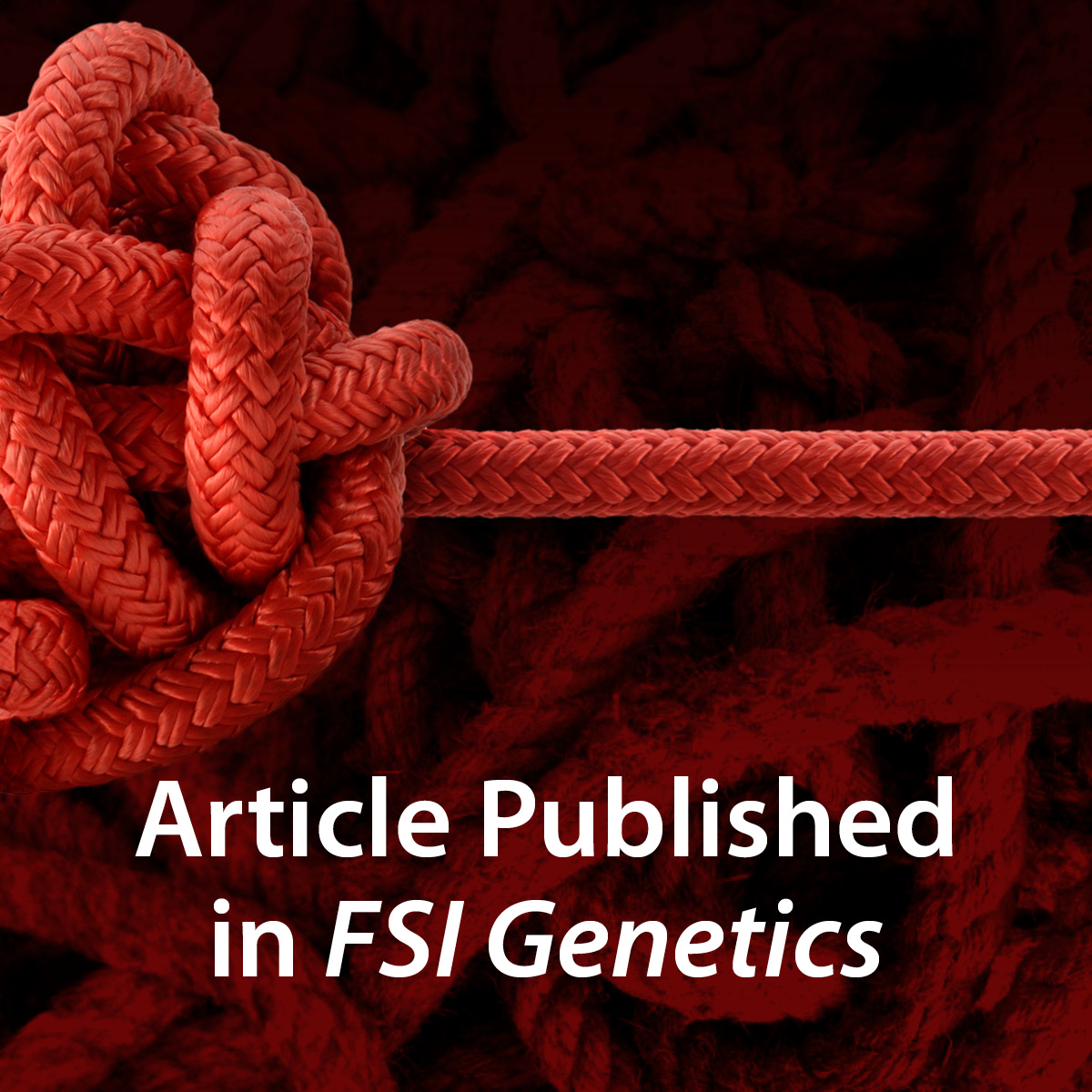 Jumbled knot with a single strand emerging to the right. Text reads "Article Published in FSI Genetics."