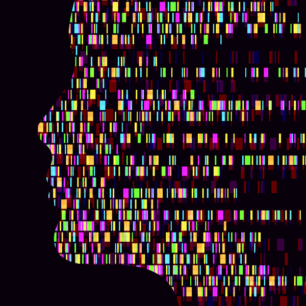 Profile of a human head filled with DNA testing strips