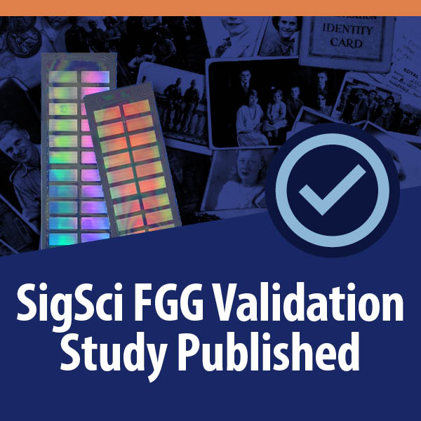 Collage of family photos and two colorful test strips with a checkmark. Text reads "SigSci FGG Validation Study Published."