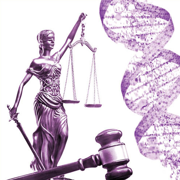 Collage of statuette of Justice, gavel, and stylized DNA helix