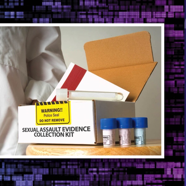 Photo of laboratory technician standing behind sexual assault evidence collection kit.
