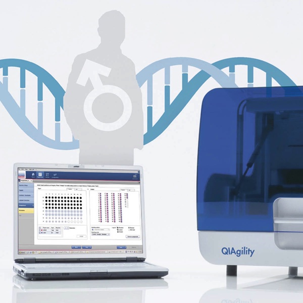 Silhouetted image of a standing man with a superimposed male symbol. There is a stylized strand of DNA in the background. In the foreground there is a laptop and a QIAgility unit.
