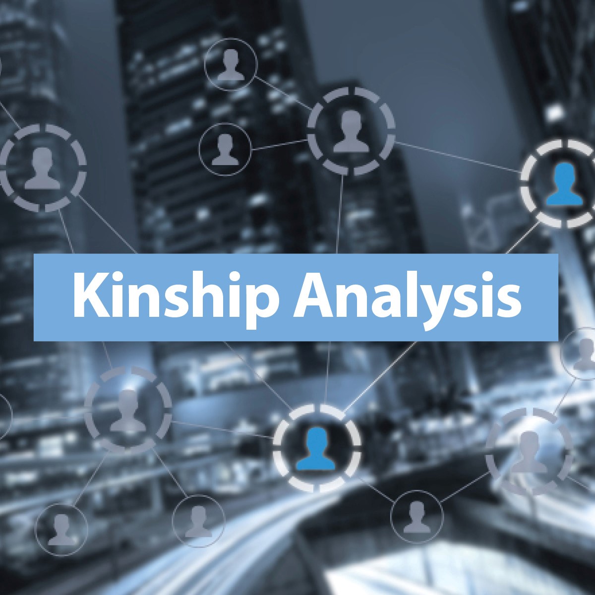 Collage with a cityscape in the background and an overlay diagram of connected people. Text reads "Kinship Analysis".