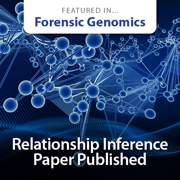 Diagram of a ball-and-stick model. Text reads "Relationship Inference Paper Published; Featured in Forensic Genomics".