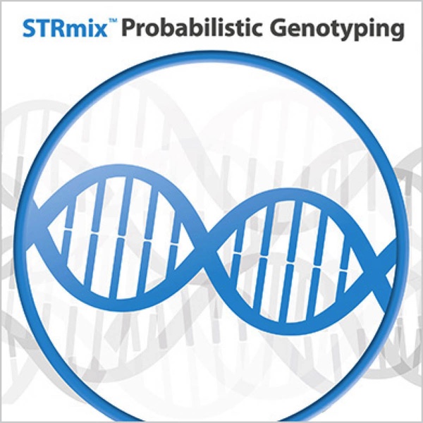Stylized DNA Helix in a ring with fainter helices in the background. Text reads "STRmix™ Probabilistic Genotyping"