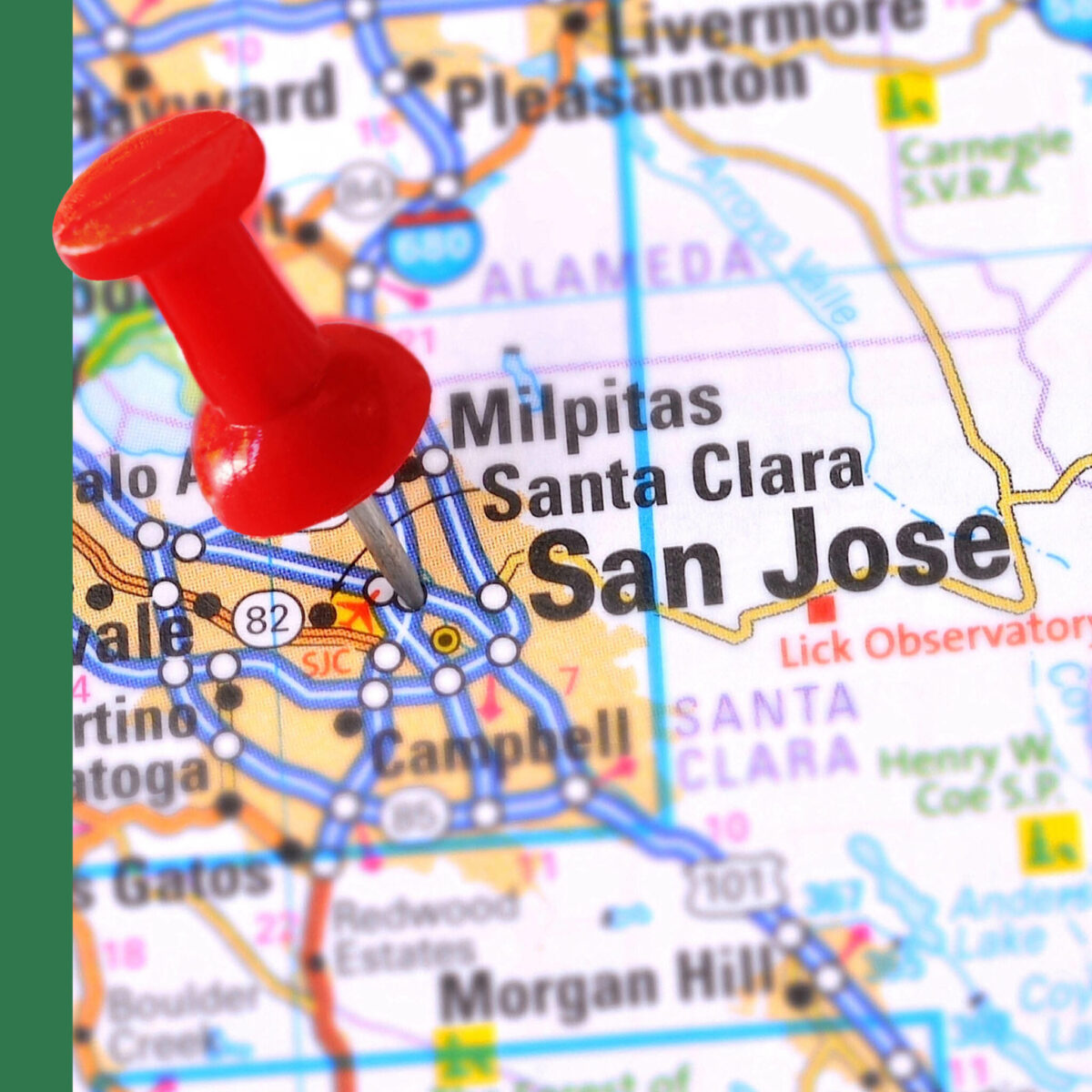 Photo of a map with a pushpin in San Jose