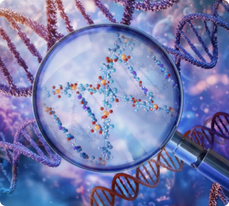 Magnifying glass enlarging a strand of DNA.