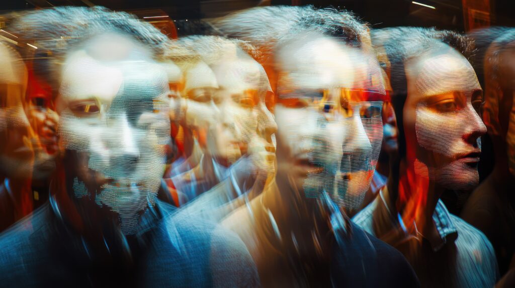 
Blurred faces blend in a mesmerizing collective portrait exploring themes of identity and humanity.